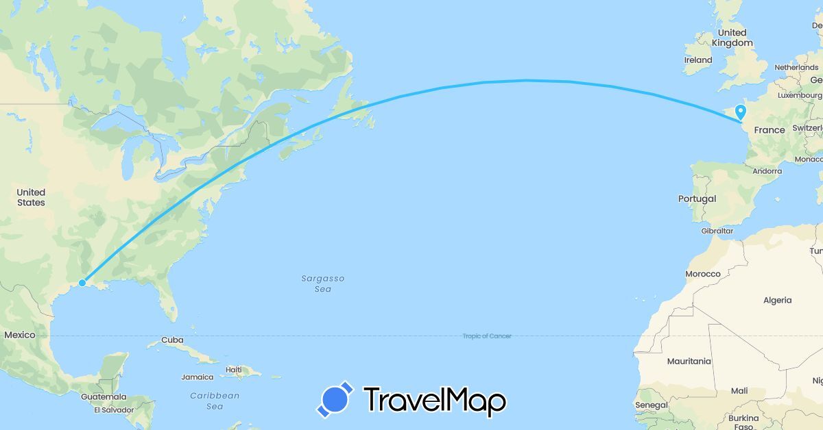 TravelMap itinerary: driving, boat in France, United States (Europe, North America)